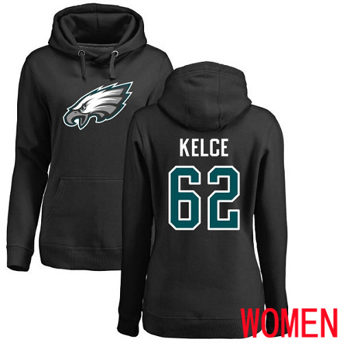 Women Philadelphia Eagles 62 Jason Kelce Black Name and Number Logo NFL Pullover Hoodie Sweatshirts